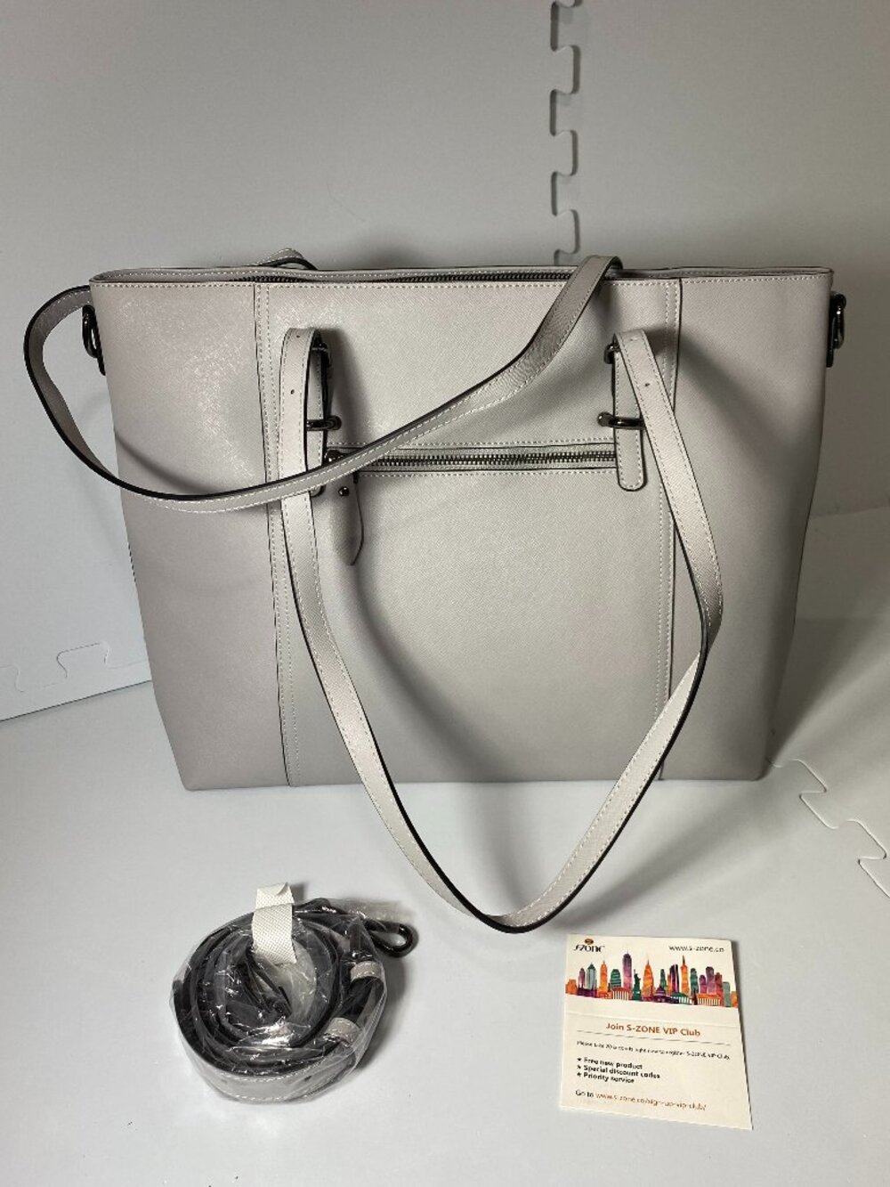 S-ZONE Genuine Leather Large Gray Tote Shoulder Bag Work Office Laptop NWOT 17"